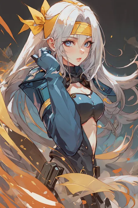Paint_Style, 1girl, solo, long hair, breasts, looking at viewer, cleavage, medium breasts, jacket, upper body, parted lips, hair over one eye, lips, bodysuit, makeup, headband<lora:Paint_Style:1>