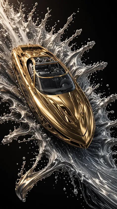 GOLD LIQUID METAL Speed Boat, racing through SILVER LIQUID METAL, liquid metal sprays up from speed boat, Drifting in a black void, Epic, (Use Dream Diffusion Secret Prompt), UHD, <lora:Liquid_Fluid_Metal_XL_-_By_DICE:0.4>