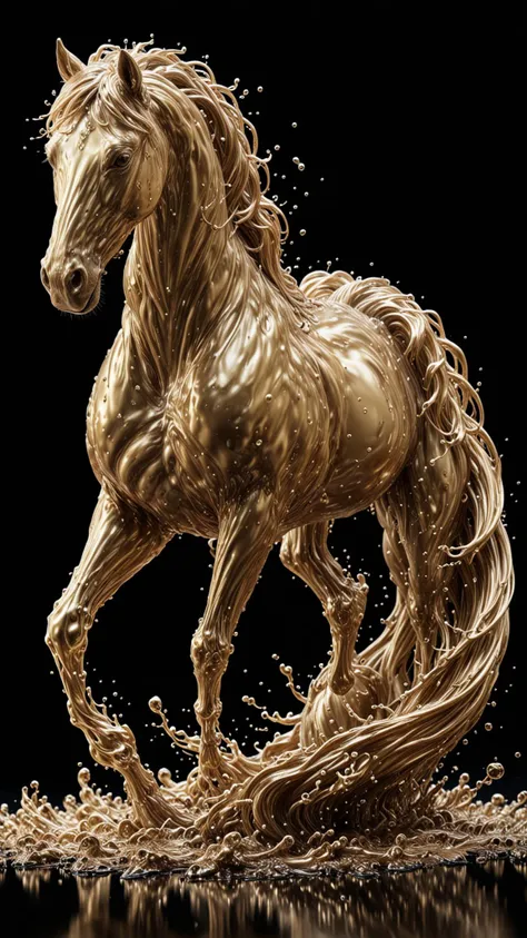 SILVER LIQUID METAL horses gallopping through GOLD LIQUID METAL, Liquid metal sprays up from the horses hoofs, drifting in a black void, <lora:Liquid_Fluid_Metal_XL_-_By_DICE:0.7>