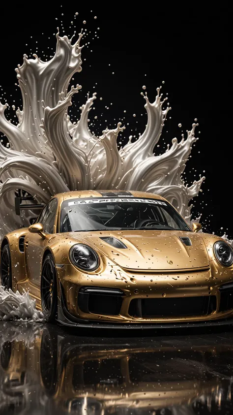 GOLD LIQUID METAL DTM Porsche car, race car, racing through SILVER LIQUID METAL, liquid metal sprays up from the cars tyres, Car drifting in a black void, Epic, (Use Dream Diffusion Secret Prompt), UHD, <lora:Liquid_Fluid_Metal_XL_-_By_DICE:0.4>