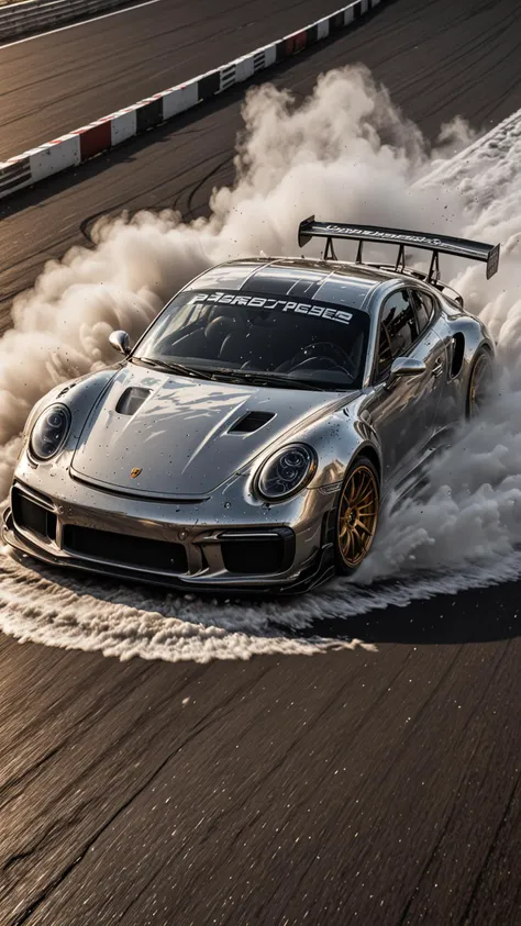 GOLD LIQUID METAL DTM Porsche car, race car, racing through SILVER LIQUID METAL, liquid metal sprays up from the cars tyres, Car drifting in a black void, Epic, <lora:Liquid_Fluid_Metal_XL_-_By_DICE:0.4>