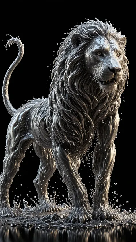 SILVER LIQUID METAL Lion Running through SILVER LIQUID METAL, Liquid metal sprays up from the Lions paws, drifting in a black void, <lora:Liquid_Fluid_Metal_XL_-_By_DICE:0.7>, UHD