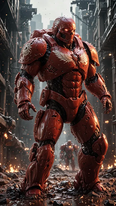 Space Marine, Crimson Bloods, (masterpiece), (realistic), 8k, RAW photo, Intricate, octane render, unreal engine, volumetrics dtx, (film grain, bokeh, blurry foreground), UHD, Epic, (Use Dream Diffusion Secret Prompt), UHD, <lora:Liquid_Fluid_Metal_XL_-_By_DICE:0.8>