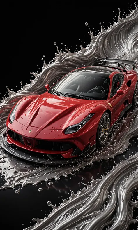 Poster art of a RED LIQUID METAL, DTM Ferrari race car, racing through SILVER LIQUID METAL, Car drifting in a black void, UHD, <lora:Liquid_Fluid_Metal_XL_-_By_DICE:0.7>