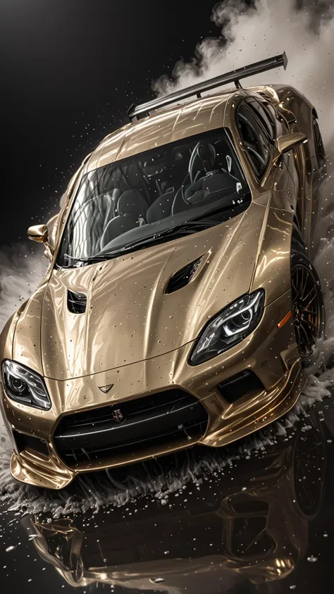 GOLD LIQUID METAL sports car, race car, racing through SILVER LIQUID METAL, liquid metal sprays up from the cars tyres, Car drifting in a black void, <lora:Liquid_Fluid_Metal_XL_-_By_DICE:0.4>