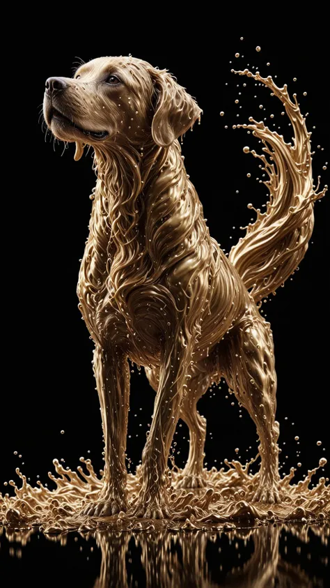 SILVER LIQUID METAL Dog Running through GOLD LIQUID METAL, Liquid metal sprays up from the dogs paws, drifting in a black void, <lora:Liquid_Fluid_Metal_XL_-_By_DICE:0.7>, UHD