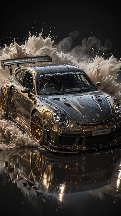 GOLD LIQUID METAL DTM Porsche car, race car, racing through SILVER LIQUID METAL, liquid metal sprays up from the cars tyres, Car drifting in a black void, Epic, (Use Dream Diffusion Secret Prompt), UHD, <lora:Liquid_Fluid_Metal_XL_-_By_DICE:0.4>