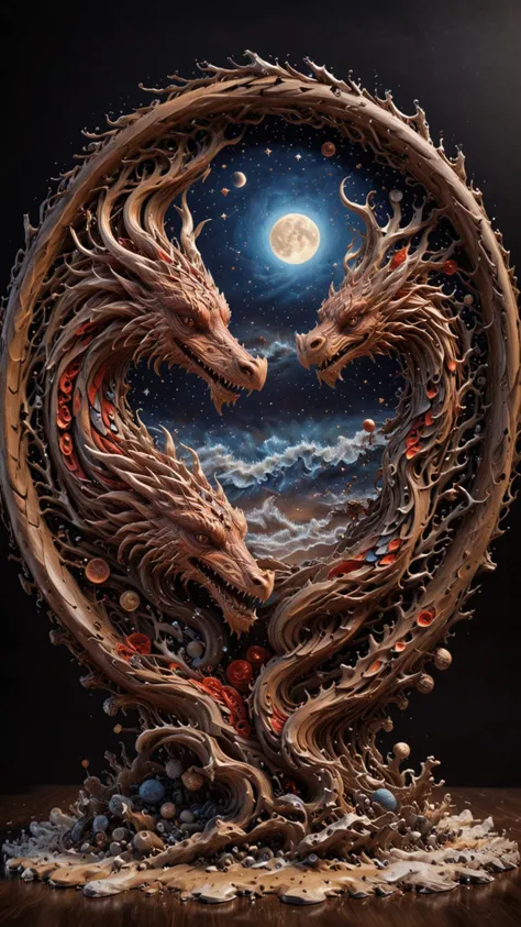 round plate on a display stand, hand Carved, 3D Seascape, abstract art, Carving, Ultra Intricacies, EPIC, <lora:3D_Framed_Wall_Art_-_By_DICE:0.4>, (3D Framed, Plate), <lora:Driftwood_Detailed_Art_-_By_DICE:0.8> , driftwood dragon, Painstaking Attention To Details, UHD, <lora:Milky-Way_Sky_-_By_DICE_For_Cosmogonaut:1>, Milky Way, Night sky <lora:Liquid_Fluid_Metal_XL_-_By_DICE:0.87>, RED LIQUID METAL