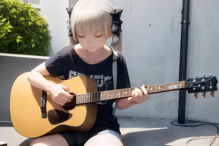 <lora:formidable_default v1.0:1>, formidable_default, t-shirt, sitting, solo, 1girl, closed eyes, guitar,