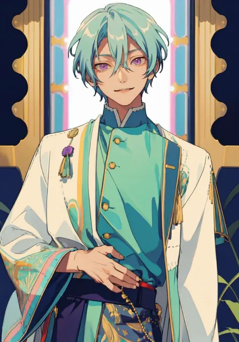 masterpiece, illustration, high quality, 1 boy, kazehaya tatsumi, gentle smile, happy, green hair, purple eyes, upper body, holographic clothing, looking at viewer, pose, <lora:lolicum-test-u3e-4-t1e-4:1.3> ,<lyco:yoneyamaMaiStyle_yoneyamaMaiV2Locon:0.3>, <lyco:es6-000010:0.5>, <lora:holov7:0.7>