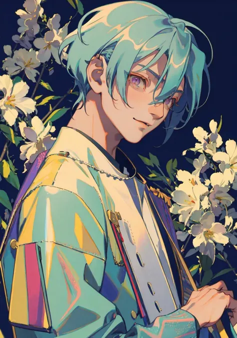 masterpiece, illustration, high quality, 1 boy, kazehaya tatsumi, happy gentle smile, green hair, purple eyes, upper body, slightly side view, holographic clothing, looking at viewer, pose,  <lora:lolicum-test-u3e-4-t1e-4:1.3> ,<lyco:yoneyamaMaiStyle_yoneyamaMaiV2Locon:0.3>, <lyco:es6-000010:0.3>, <lora:holov7:0.7>