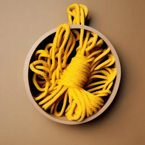 box, rope, circle, no humans, plant, from above, shadow, brown background, yellos rope