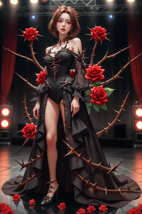 highres,absurdres,masterpiece,best quality,original,extremely detailed CG,extremely detailed wallpaper,perfect lighting,blurry background,Standing on the stage,front view,
<lora:DRESS+ThornDress_1:0.8>,edgThorn,thorns and roses,wearing edgThorn_dress,