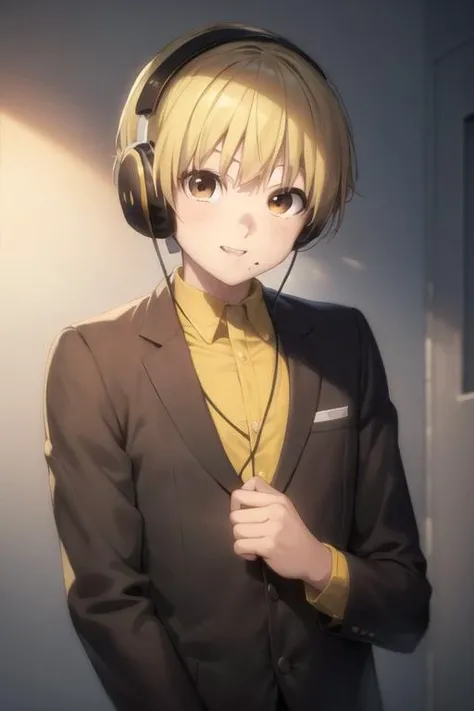 masterpiece, best quality, high quality, 1boy, solo, male focus, looking at viewer, upper body, <lora:nobimaru_kemono_jihen:0.58>, nobimaru_kemono_jihen, blonde hair, brown eyes, headphones, , school uniform