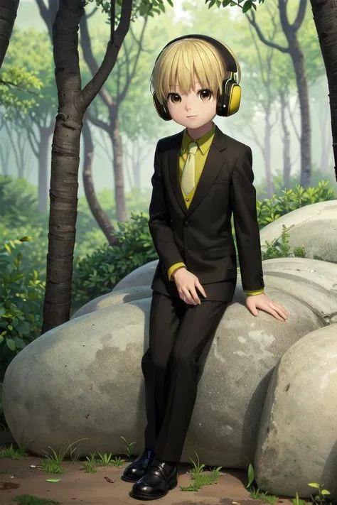 1 boy,more details in eyes,,looking at viewer,details sky,((masterpiece:1.4,best, male focus,
quality)), multiple details, sfw, outside, forest, (black business suit:1.3). (full shot:1.4), sitting, detailed background,
<lora:nobimaru_kemono_jihen:0.75> nobimaru_kemono_jihen, blonde hair, brown eyes, headphones