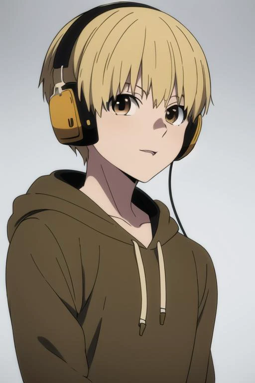 masterpiece, best quality, high quality, 1boy, solo, male focus, looking at viewer, upper body, <lora:nobimaru_kemono_jihen:0.72>, nobimaru_kemono_jihen, blonde hair, brown eyes, headphones, , hoodie