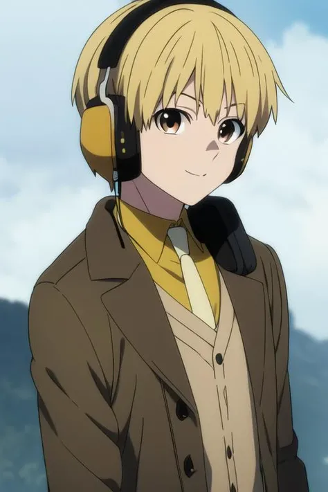 masterpiece, best quality, high quality, 1boy, solo, male focus, looking at viewer, upper body, <lora:nobimaru_kemono_jihen:0.76>, nobimaru_kemono_jihen, blonde hair, brown eyes, headphones, , coat