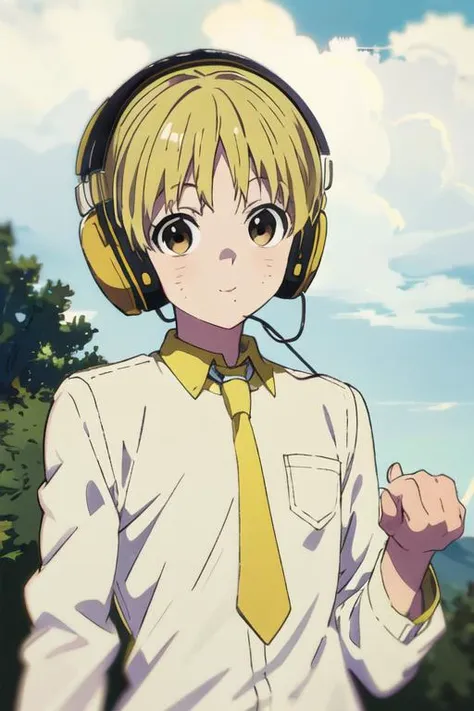masterpiece, best quality, high quality, 1boy, solo, male focus, looking at viewer, upper body, <lora:nobimaru_kemono_jihen:0.76>, nobimaru_kemono_jihen, blonde hair, brown eyes, headphones, , formal, necktie, dress shirt
