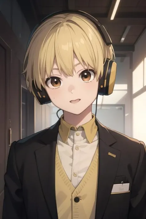 masterpiece, best quality, high quality, 1boy, solo, male focus, looking at viewer, upper body, <lora:nobimaru_kemono_jihen:0.52>, nobimaru_kemono_jihen, blonde hair, brown eyes, headphones, , school uniform