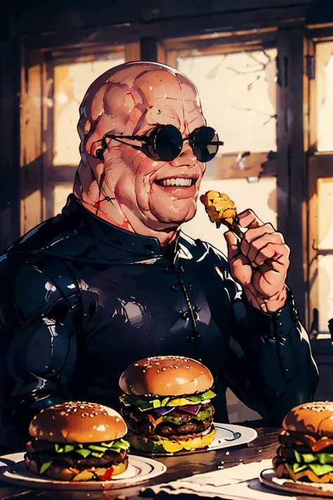 butt3rball, sunglasses, bald, fat, latex, looking at viewer, serious, grin, upper body shot, sitting, behind a table, inside kitchen, table full of food, ice cream, hamburgers, dark, night time, high quality, masterpiece, <lora:butt3rball:.8>