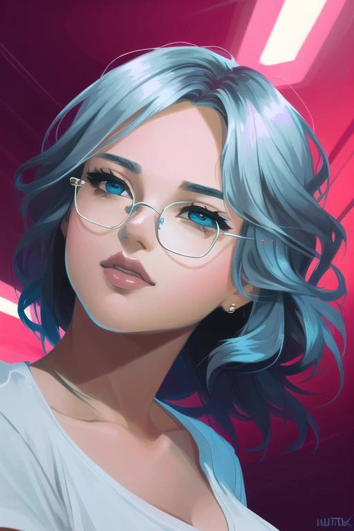 (best quality:1.0), young 1girl, stunningly attractive, perfect feminine face, (cute:1.2), silver short wavy hair, (aroused:1.1), playful, (white t-shirt), detailed background, black eyes, highres, dynamic angle, (cinematic lighting:1.2), (by Range Murata:1.0), (by Taka Tony:1.0), by Jeremy Lipking, cowboy shot, glasses <lora:LuisapHotlineStyle_v1:0.65>