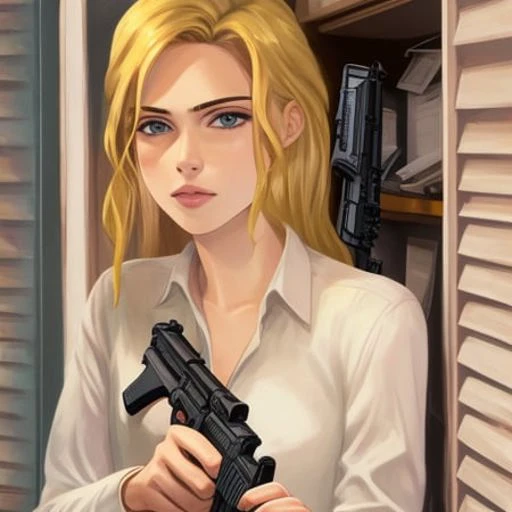 a blonde girl with a gun