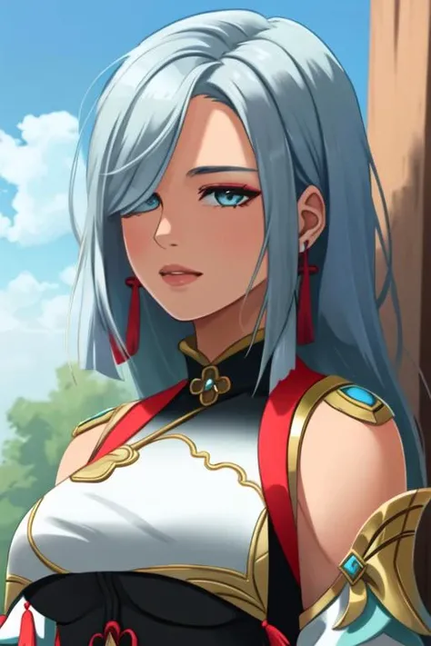 <lora:LuisapHotlineStyle_v1:0.65> <lora:Shenhe_Hard:1> upper body portrait, masterpiece, best quality, sharp focus, shenhe \(genshin impact\), 1girl, solo, breasts, bodysuit, tassel, gloves, bangs, braid, outdoors, jewelry, earrings, sky, breast curtain, long hair, hair over one eye, covered navel, blue eyes, looking at viewer, hair ornament, large breasts, shoulder cutout, clothing cutout, very long hair, hip vent, braided ponytail, partially fingerless gloves, black bodysuit, tassel earrings, black gloves, gold trim, (white hair:1.2)