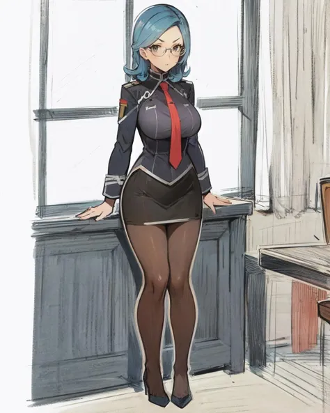 best quality, (masterpiece:1.2), illustration, absurdres, <lora:ColorPencil:0.8>, <lora:sketch v2:0.3>, sketch, drawing, colorpencil,
(1girl), (solo), (beautiful detailed girl), full body,
<lora:SonyaV2-000009:1>, Sonya Baelz, blue hair, medium hair, grey eyes, large breasts, half-frame glasses, gray glasses,
uniform, grey suit,, black skirt, pencil skirt, black pantyhose, grey high heels, red necktie,
looking at viewer, serious,
inside executive office, desk, documents, chair, window,
