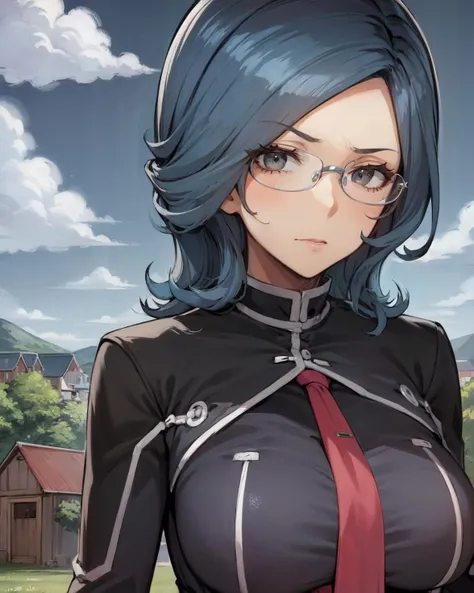 score_9, score_8_up, score_7_up, score_6_up, score_5_up, score_4_up, BREAK,
source_anime, rating_safe
<lora:TrailsFromZeroToAzure:0.9>, Sonya Baelz, blue hair, medium hair, grey eyes, large breasts, half-frame glasses, gray glasses, uniform, grey suit, black skirt, pencil skirt, black pantyhose, grey high heels, red necktie,
looking at viewer, smile, upper body, portrait,
1girl, outdoors, sky, clouds, distant mountains,