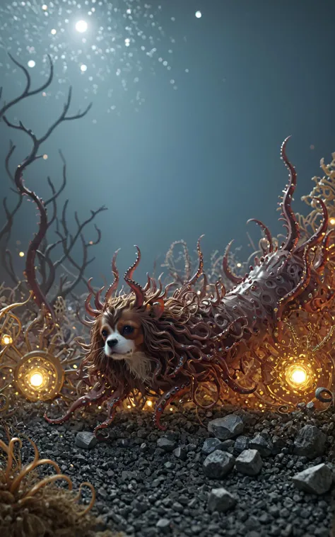 fantasy, horror fantasy, during the lunar eclipse a conjunction of planets unleashes the portals to the underworld releasing barbed tentacled beasts out of the ichor of the night, lunar eclipse demon tentacles barbs ichor, cavalier king charles spaniel dog NOBLEDOGS_CKCS <lora:Noble_Dogs_XL_CKCS_E25:0.99>
BREAK complex background with many intricate alien artefacts in swirly bokeh, (translucent skin:1.2), low-poly environment, (Voronoi pattern:1.1), Voronoi-shaped hexagonal voxels and pentagonal prisms, (Helios_44_2, light leaks, gloom, bloom, HDR:1.2), atmospheric haze
Gl1tchBasalt <lora:Gl1tchBasalt-000015:0.35>