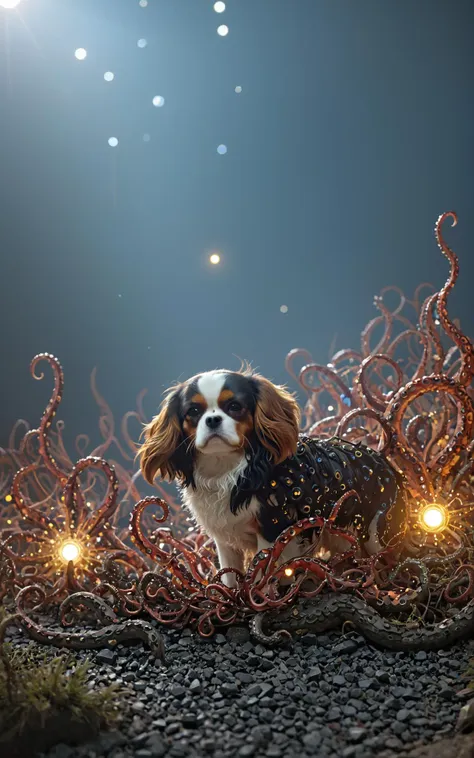 fantasy, horror fantasy, during the lunar eclipse a conjunction of planets unleashes the portals to the underworld releasing barbed tentacled beasts out of the ichor of the night,  lunar eclipse demon tentacles barbs ichor, cavalier king charles spaniel dog NOBLEDOGS_CKCS  <lora:Noble_Dogs_XL_CKCS_E25:0.99>
BREAK complex background with many intricate alien artefacts in swirly bokeh, (translucent skin:1.2), low-poly environment, (Voronoi pattern:1.1), Voronoi-shaped hexagonal voxels and pentagonal prisms, (Helios_44_2, light leaks, gloom, bloom, HDR:1.2), atmospheric haze
Gl1tchBasalt  <lora:Gl1tchBasalt-000015:0.35>