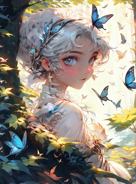 ((masterpiece)), expressionless, (((best quality))), ((illustration)),
1girl, elf, ((solo)), (detailed face), (beautiful detailed eyes), light eyes, blue eyes, ((disheveled hair)), silver hair, full body,
smile, blank stare, sitting, ((looking to the side)),
bow tie hair band, white transparent long skirt, noble, mysterious,
bright background, in forest, nature, sunshines through the leaves, butterfly, river, close-up,