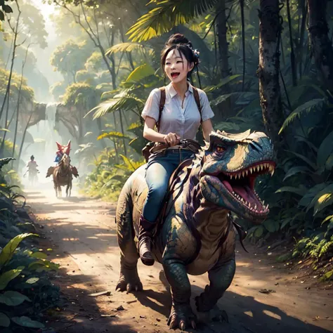 erjie<lora:Threesister-erjiev2:0.3>, happy to riding a dinosaur \((masterpiece, best quality:1.2), Purple, blue, and white jungle dinosaur tricerasauruss<lora:EdobDinosaurs_v1.0:0.3>, (realistic:1.5)\), <lora:riding_a:0.3>,<lora:add_detail:0.1>
best quality, masterpiece,8k,highest texture,highres,soft light,perfect shadow,
evenly mix females and males of all ages and races in same proportions, all faces and pictures must be different, use all spectre of your different emotions from happiness to anger, do what you want and how you want,