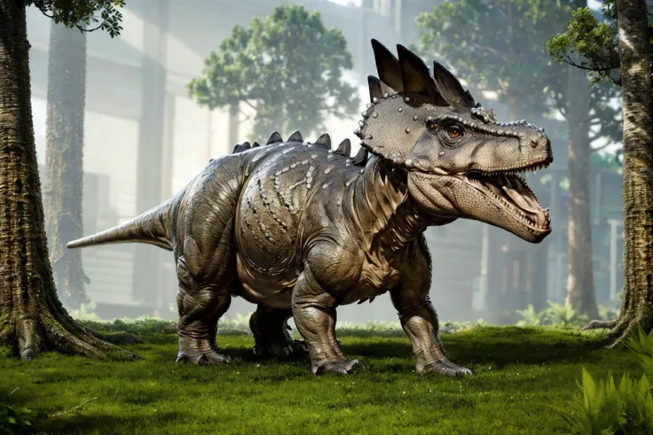 (masterpiece, best quality:1.2), ultra-detailed, Black and silver jungle dinosaur tricerasauruss, (realistic:1.5), <lora:EdobDinosaurs_v1.0:1>