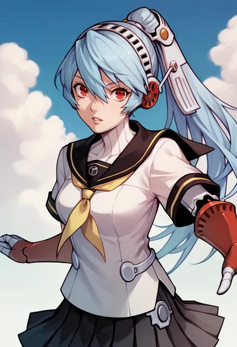 score_9, score_8_up, score_7_up, source_anime, 1girl, parted lips, looking at viewer, <lora:persona4_labrys_ponyXL:1> p4labrys, android, robot joints, blue hair, ponytail, red eyes, headphones, serafuku, white shirt, yellow neckerchief, short sleeves, pleated skirt, houndstooth, sky, cloud, school