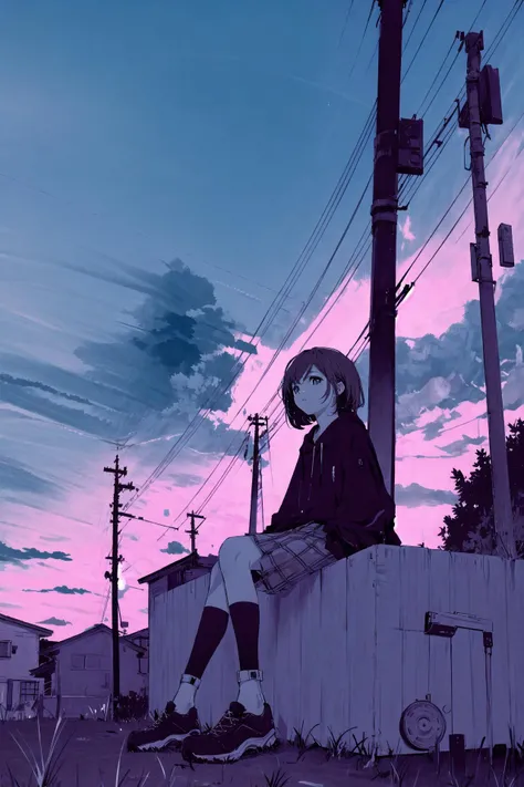 solo, 1girl, spot color, monochrome, looking at viewer ,outdoors, grass, sky, scenery, cloud, solo, sitting, power lines, tree, sunset, utility pole, skirt, shoes, cloudy sky, long sleeves, blue sky, fence, wide shot, day, brown hair, building 
 <lora:killow:1>, <lora:ç»ä¸½çåå½±:0.2>,<lora:add_detail:0.35>, <lora:adaptedmodel:0.35>