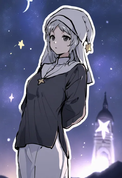 masterpiece, best quality,1girl,   solo, (outline:1.3), nun, scenery, night, star, (sky:1.1), (sky:1.1), starry sky, night sky, black eyes, nightcap, star \(sky\), hat, star \(symbol\), pajamas
 <lora:killowXLlokr8f-000178:0.95>