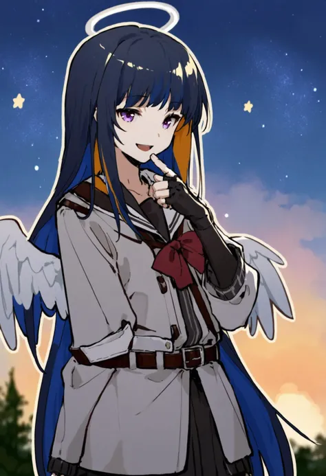 masterpiece, best quality,1girl,   solo, (outline:1.5), latex, multicolored hair, sister, outdoors, sky, school uniform, tree, open mouth, looking ahead, white jacket, gradient sky, white belt, shoulder strap, streaked hair, long sleeves, belt, gradient, black wings, jacket, long hair, hand on own chin, facing viewer, orange hair, gloves, dark blue hair, colored inner hair, light brown background, angel wings, blunt bangs, very long hair, single stripe, purple eyes, halo, upper body, black gloves, two-tone hair, half-closed eyes, wings, blue hair, teeth, oka fuiceori \(style\), cross print, white wings, smile, grey jacket, red sky, white sailor collar, star \(sky\), buckle, official style, buttons, belt buckle, starry sky, red flower, hand up, low-tied sidelocks, flower, white outline, black stripes, happy, siblings, fingerless gloves, day, sailor collar
 <lora:killowXLlokr8f-000178:0.95>