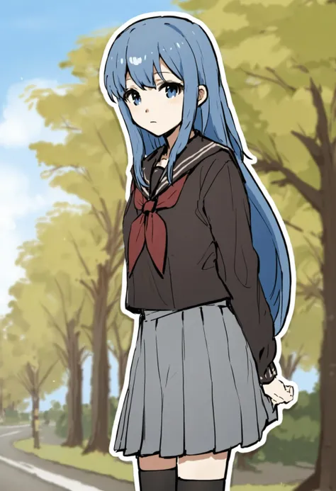 masterpiece, best quality,1girl,   solo, (outline:1.3), black pantyhose, sister, outdoors, sky, school uniform, tree, skirt, siblings, day, road, pantyhose, blue hair, long hair, blue eyes, pleated skirt, serafuku
 <lora:killowXLlokr8f-000178:0.95>