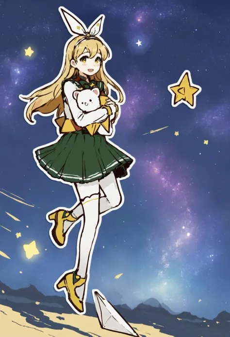 masterpiece, best quality,1girl,   solo, (outline:1.5), white pantyhose, star, (sky:1.1), scenery, starry sky, yellow eyes, skirt, yellow footwear, hugging object, space, hairband, floating object, star \(sky\), star \(symbol\), floating, paper airplane, green skirt, smile, magical girl, long hair, pantyhose, space elevant, half updo, high heels, pleated skirt, blonde hair, white hair, nebula, floating book, blush stickers, full body, planet, open mouth, white skirt
 <lora:killowXLlokr8f-000178:0.95>