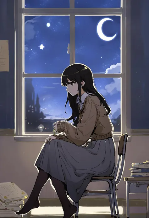 masterpiece, best quality,1girl,   solo, (outline:1.5), black pantyhose, sister, scenery, window, star, (sky:1.1), moon, grey skirt, skirt, indoors, wide shot, pillar, school desk, moss, crescent moon, white shirt, curtains, blue sky, hugging own legs, night, chalk, plantar flexion, star \(sky\), brown sweater, night sky, window blinds, sitting, desk, school, ufo, pantyhose, long skirt, horizon, sweater, no shoes, blue theme, column, chair, shadow, pebble, shirt, school chair, collared shirt, black hair, long sleeves, starry sky, wing collar, book stack, cloud, facing viewer, tinsel, book, white outline, sleeves past wrists, picture frame, from side, long hair, siblings
 <lora:killowXLlokr8f-000178:0.95>