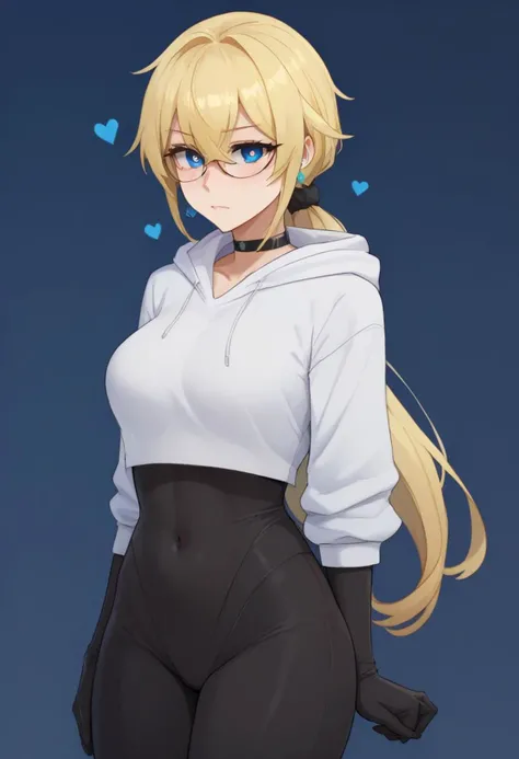(score_9,score_8_up,score_7_up), 1girl, blue eyes, collarbone, large breasts, long hair, blonde - red hair, choker, Expressiveh, ((solo focus)), long hair, low ponytail, very long hair, narrow waist, ponytail, blue eyes, blonde hair, gradient hair, hair scrunchie, solo focus, blush,
masterpiece, absurd,raytracing
black bodysuit, black gloves, bodysuit, breasts, covered navel, cropped hoodie, dangle earrings, earrings, gloves, hair behind ear , hair between eyes, hood, hoodie, jewelry, medium breasts, white hoodie, chest belt, heart shaped pupils, heart shaped eyes, embarrassed , lineart, 18 years old, megane, glasses, standing,
(lineart, line art, flat color, flat colors)