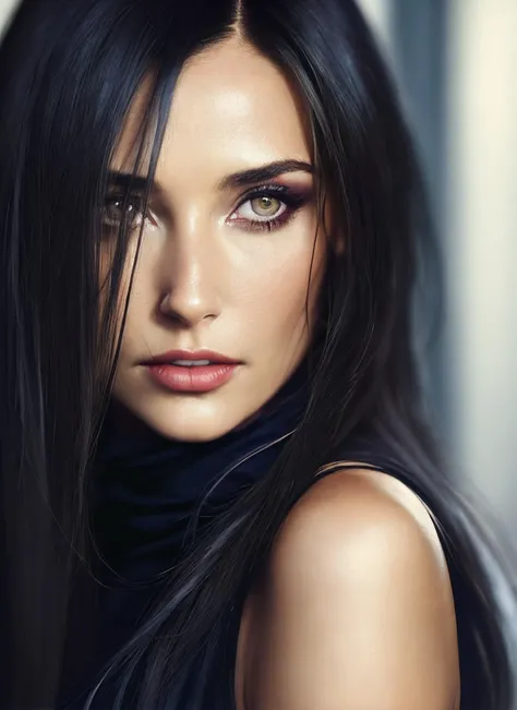 A close up of a woman with long black hair and a turtle neck - SeaArt AI