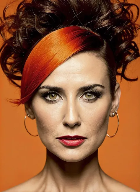 portrait of sks woman by Flora Borsi, style by Flora Borsi, bold, bright colours, orange Mohawk haircut, ((Flora Borsi)), <lora:locon_demi_v1_from_v1_64_32:1.3>