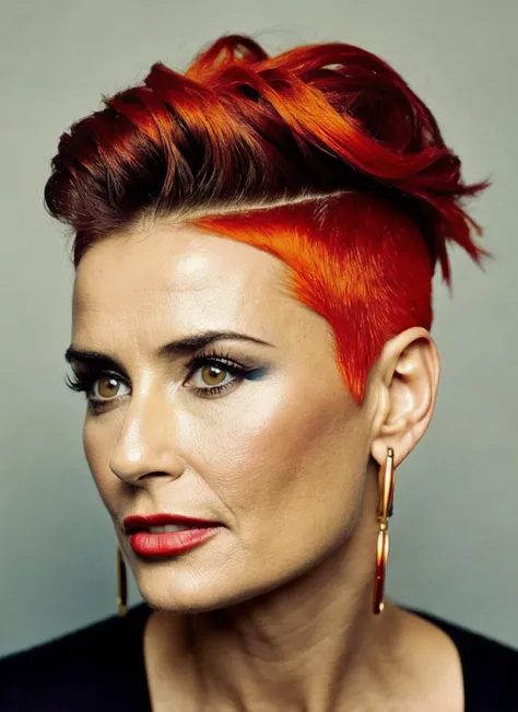 analog style, modelshoot style, portrait of sks woman by Flora Borsi, style by Flora Borsi, bold, bright colours, orange Mohawk haircut, ((Flora Borsi)), <lora:locon_demi_v1_from_v1_64_32:1.3>