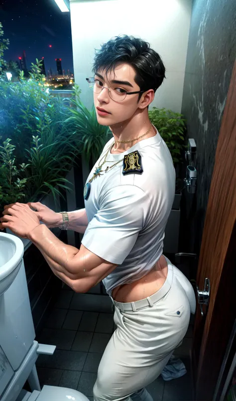 ((Short hair)), Toilet, WC, At night, late at night, Bust, Glasses, masterpiece, best quality, extremely detailed, intricate, Parks, forests, gardens, 1boy, police uniform,briefs,thong,butt, muscular male,
detailed face, black eyes, short black hair, shiny blue necklace, choker, looking at viewer, manly,
isometric,close shot,white Hot Pants,
Sweating body, wet body,