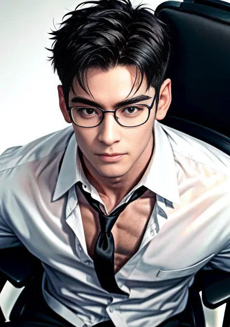1man, Glasses, Silver necklace, bare upper body, black tie, large areolae, thong, Erections, ((Short hair)), Briefcase, office, office chair, masterpiece, best quality, extremely detailed, intricate, 8K, Ambient Occlusion, muscular male, detailed face, black eyes, short black hair, looking at viewer, manly, few tattoos, First-person perspective, NSFW, <lora:Eunwoo (ASTRO)_v1.0:0.5>