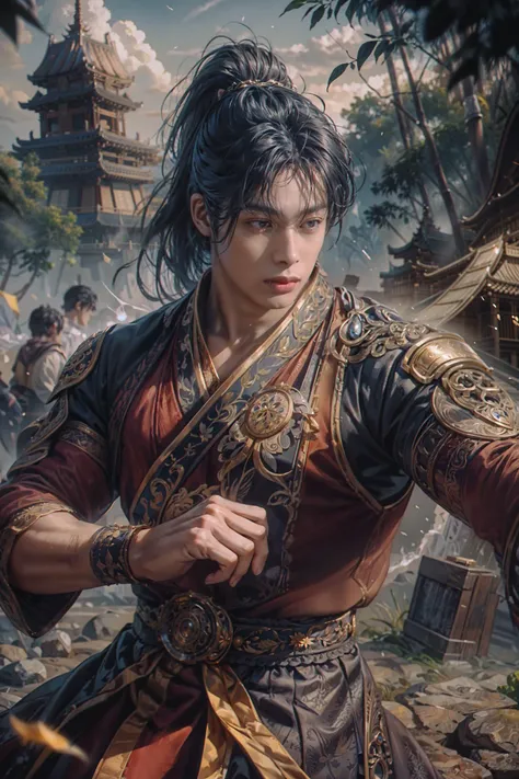 <lora:hngwnV2:0.7>  <lora:LowRA:0.3>   <lora:EbonyGoldAI:0.7>
1 male, mature, aged up, handsome, tall muscular guy, broad shoulders, ponytail hair,  detailed face, looking at the viewer, (full body:0.5), (korean fantasy theme, hanbok:1.1), hair flowing in the wind, martial artist, dynamic pose, fighting stance, clenched fist, fingerless gloves, wrist wraps, bamboo forest in the background, swirling floating particles, dynamic composition, mystical eastern medieval atmosphere, Depth of Field, VFX
hdr, (intricate details, hyperdetailed)
