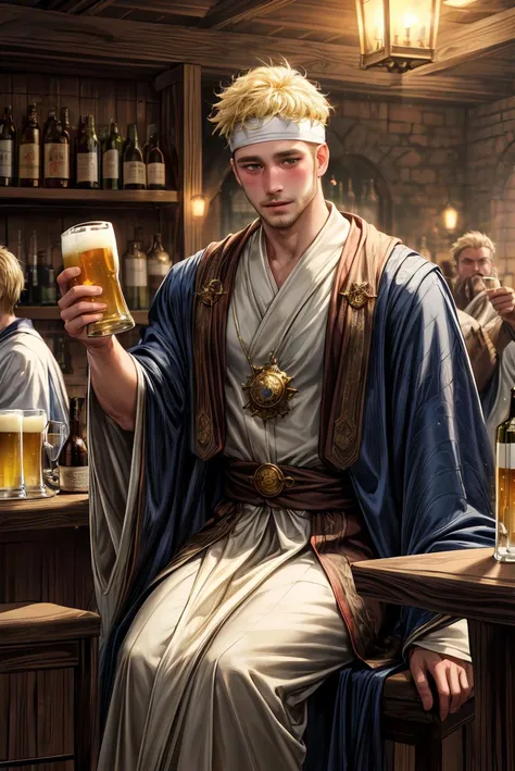 (Absurdres, intricate details, masterpiece, best quality, high resolution, 8k), (1man, 30 year old scruffy man, fantasy mage robes, white headband, blonde, short afro, sideburns, stubble), beer, fantasy tavern, celebration, happy, drunk, blush, crowded, tavern crowd, sitting, closeup