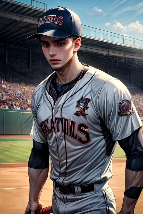 (Absurdres, intricate details, masterpiece, best quality, high resolution, 8k), (young man, (goatee), baseball suit, quiff, baseball cap, (baseball bat), baseball court, public crowd, sunny, focused), detailed background, detailed face, dramatic angle, teammates